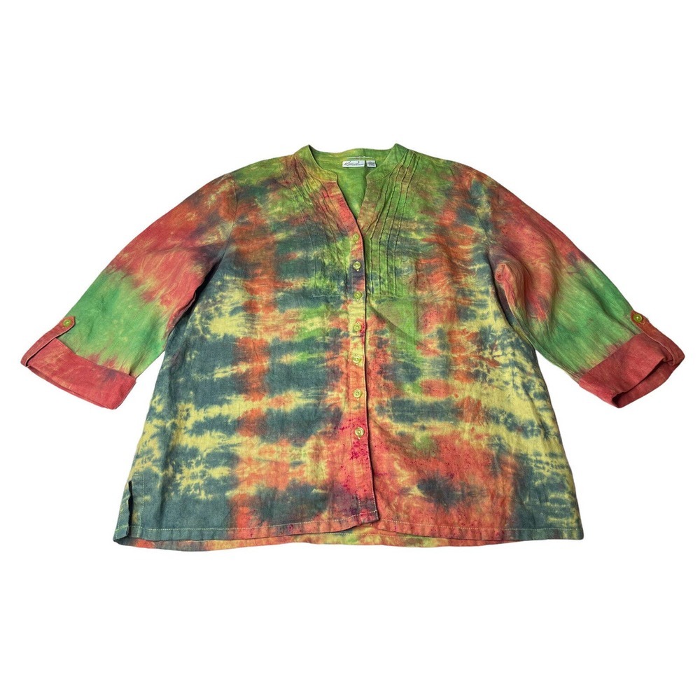 Womens Kim Rogers 100% Linen Green Tie Dye Button Up Top Rhinestone Butterfly XL